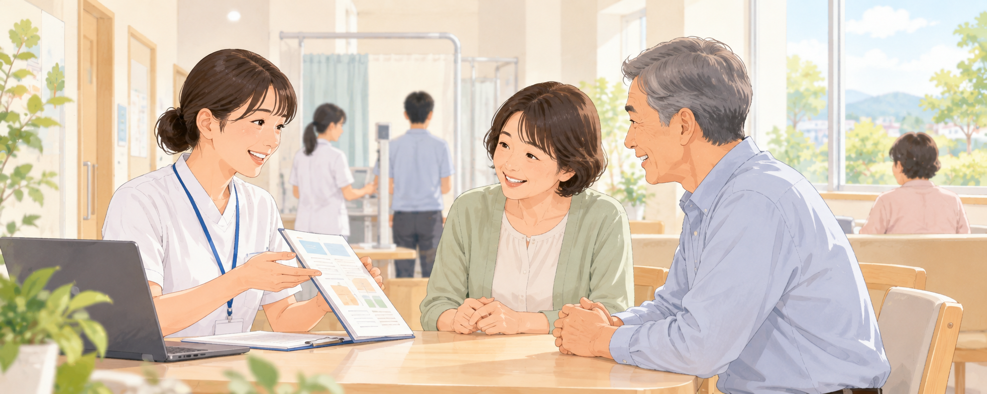 医療スタッフから健診について説明を受ける夫婦のイラスト