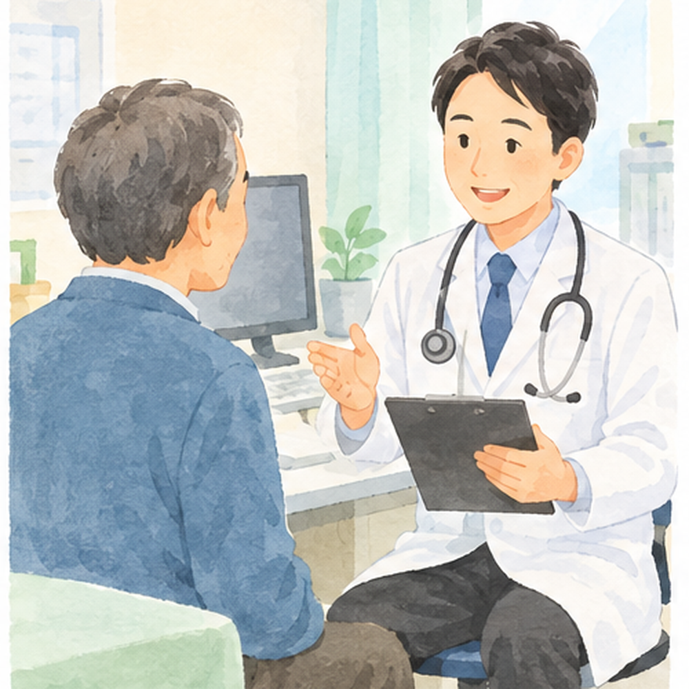 医療機関で医師から個別に健診の説明を受ける男性