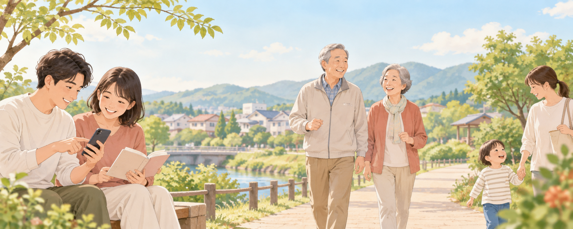さまざまな世代の人たちが穏やかに過ごす水彩イラスト